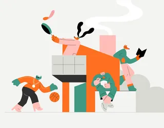 Three stylized figures with basketball and book by abstract structure