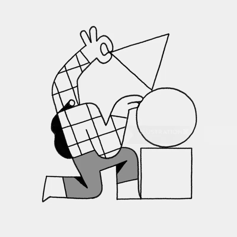 Person fitting a triangle shape onto a cube next to a circle shape.