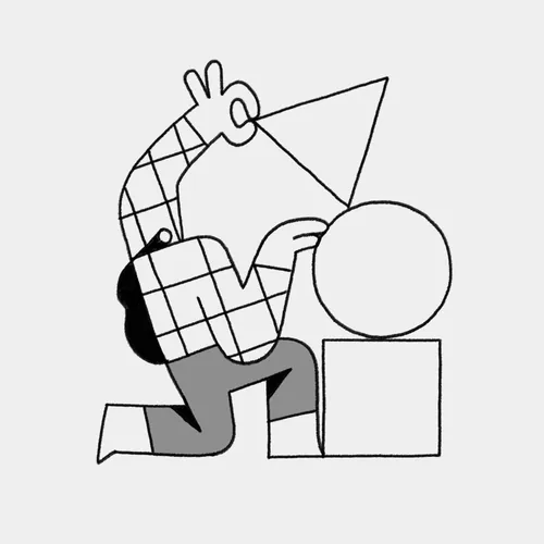 Person fitting a triangle shape onto a cube next to a circle shape.