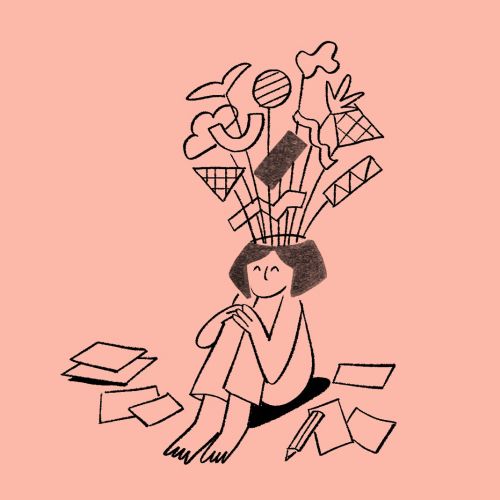 Person sitting on floor with creative abstract shapes floating above