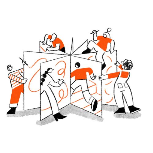 Figures approaching a structure from all sides — exploring every storytelling angle