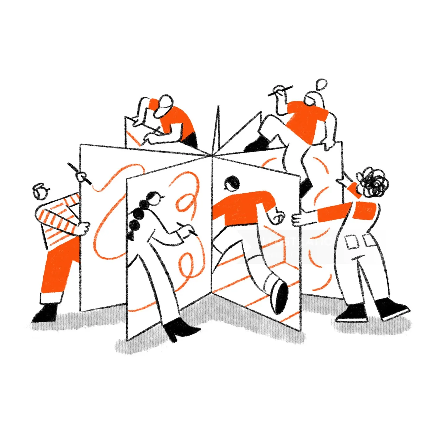 Figures approaching a structure from all sides — exploring every storytelling angle