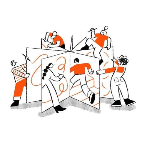Figures approaching a structure from all sides — exploring every storytelling angle