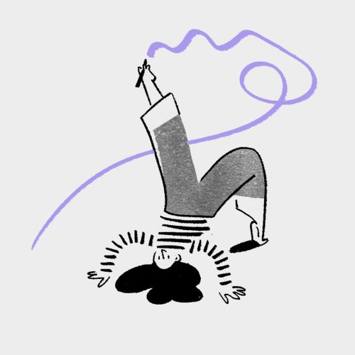 Abstract person balancing on one hand with purple line swirl