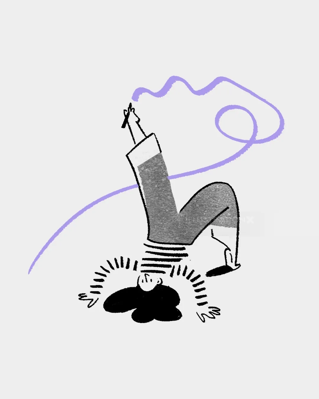 Abstract person balancing on one hand with purple line swirl