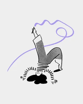 Abstract person balancing on one hand with purple line swirl