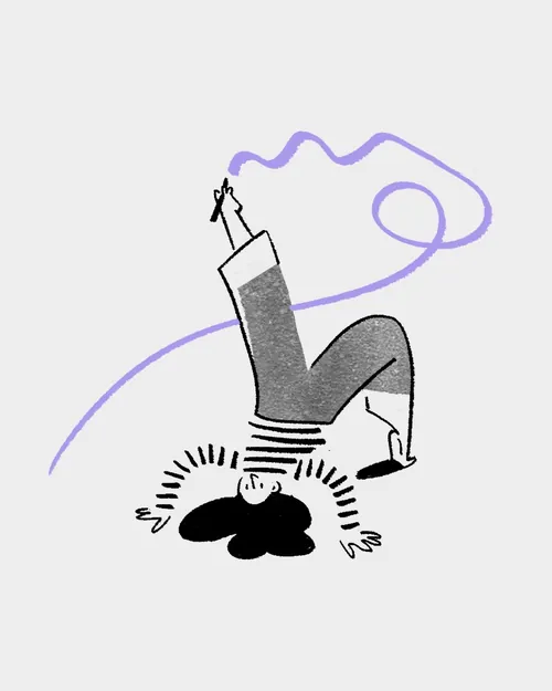 Abstract person balancing on one hand with purple line swirl
