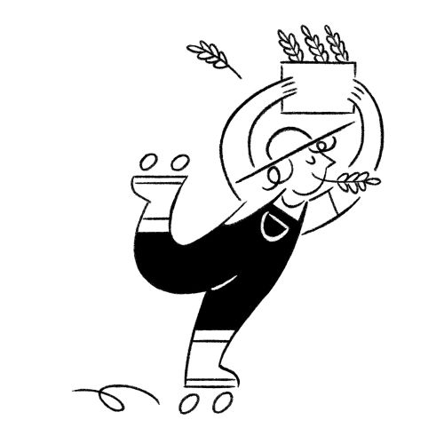 Person roller skating holding a crate of oats with oat stalks
