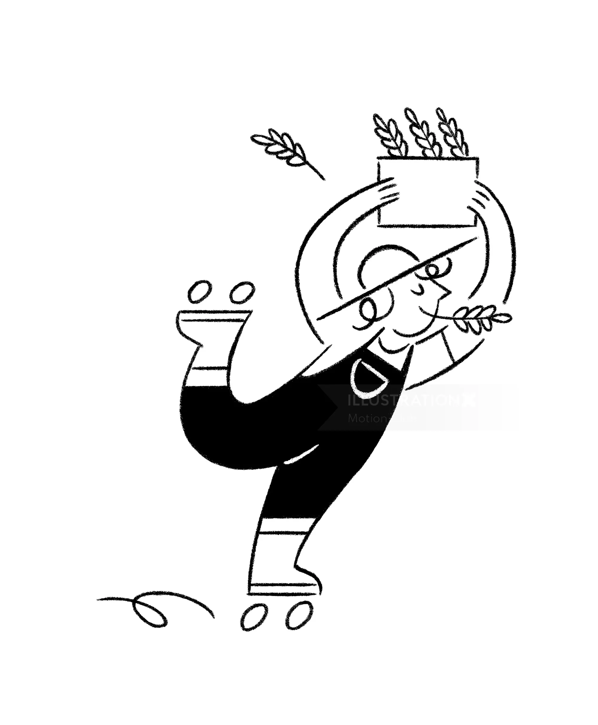 Person roller skating holding a crate of oats with oat stalks