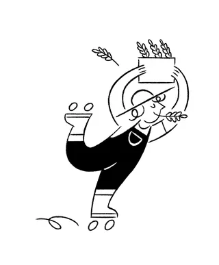 Person roller skating holding a crate of oats with oat stalks