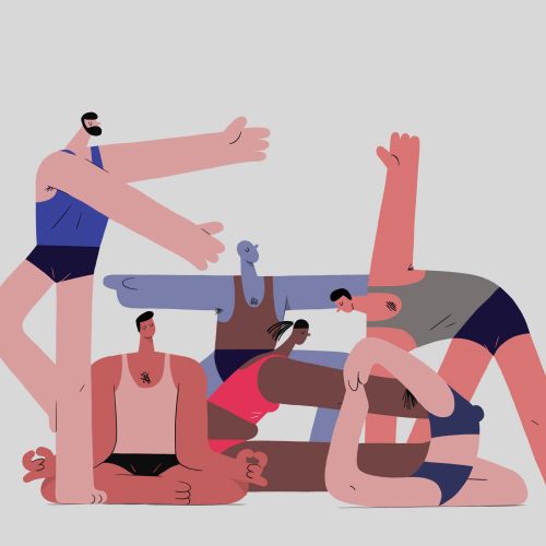 Abstract people performing different yoga poses with elongated limbs