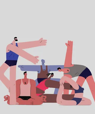 Abstract people performing different yoga poses with elongated limbs