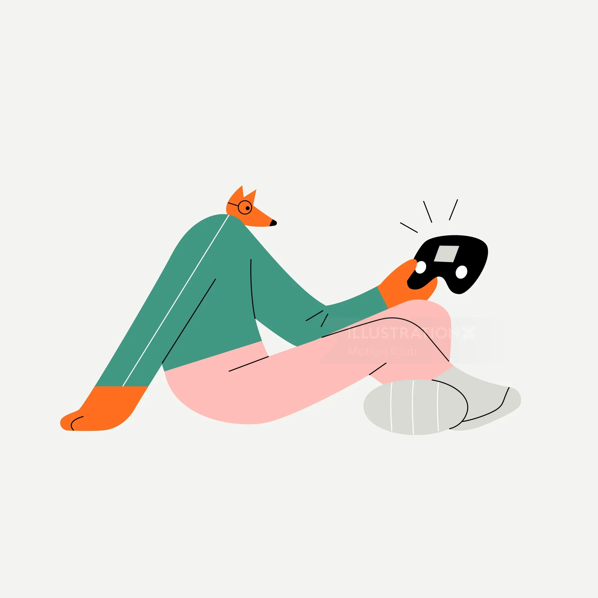 Fox-headed person holding and looking at a game controller