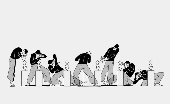 Black and white illustration of six people stacking shapes on pedestals