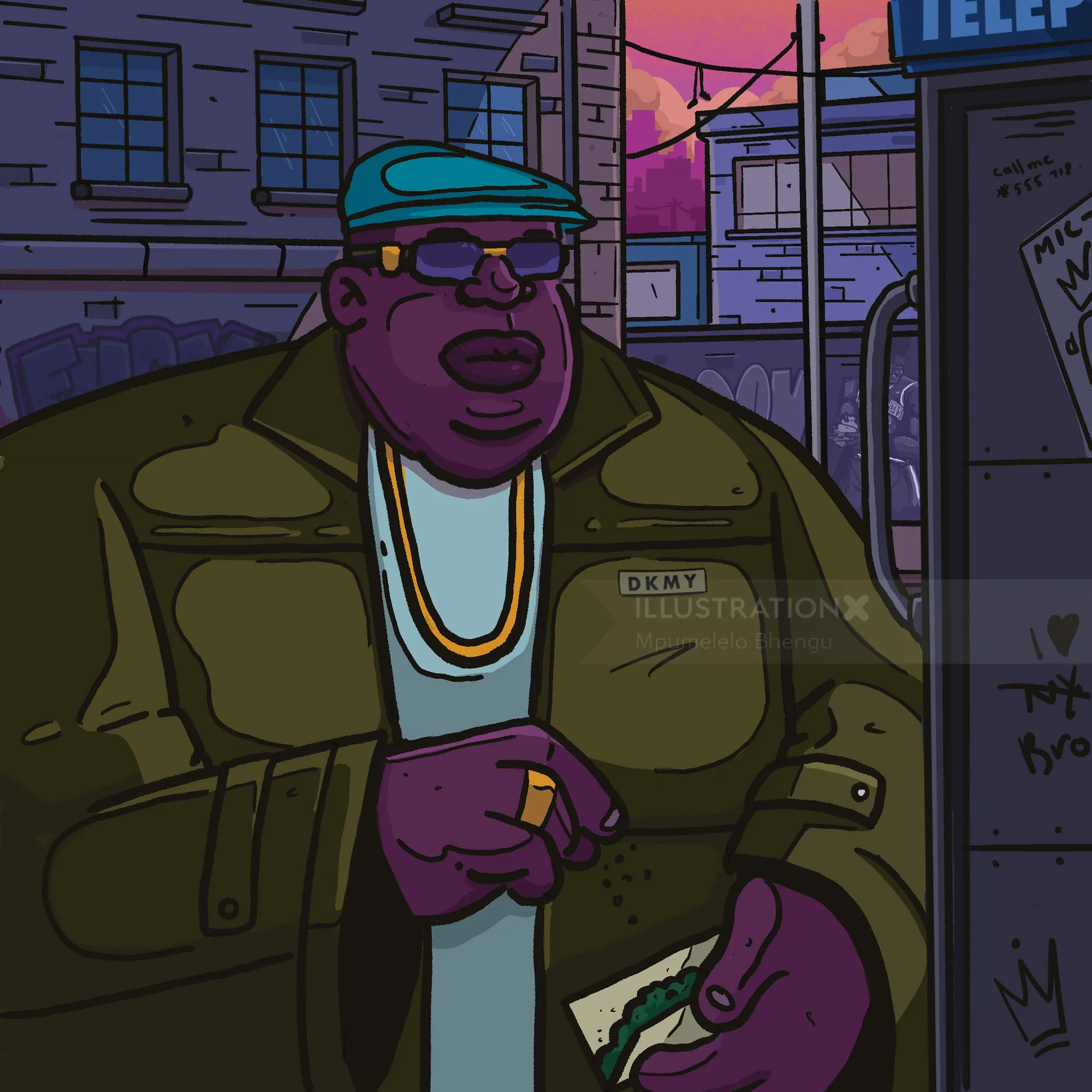 Portrait d'un homme en veste et chapeau verts dans une rue de la ville par Mpumelelo Bhengu