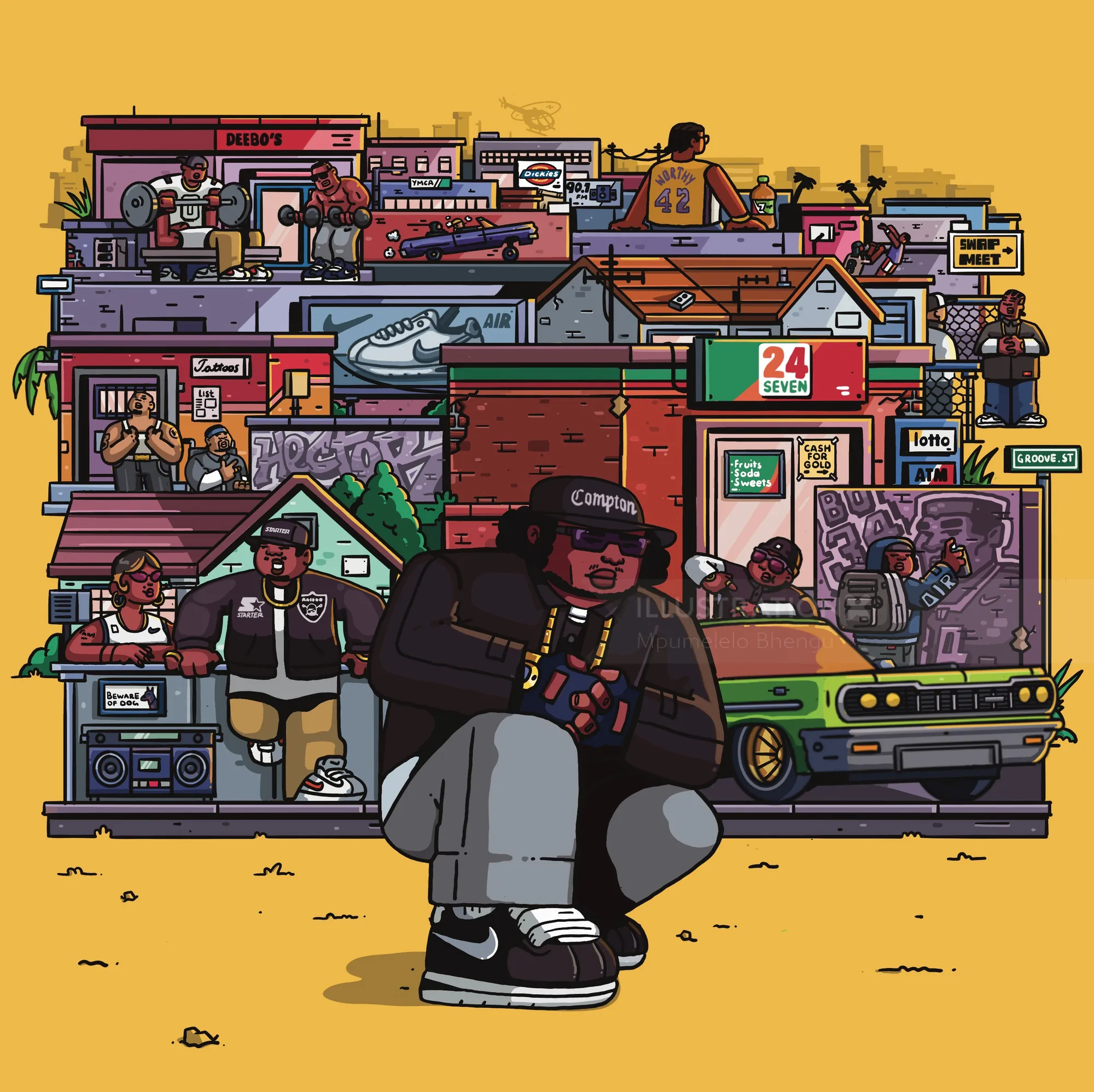 Illustration of hip hop icons and elements by Mpumelelo Bhengu
