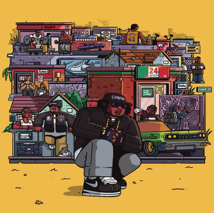Illustration of hip hop icons and elements by Mpumelelo Bhengu