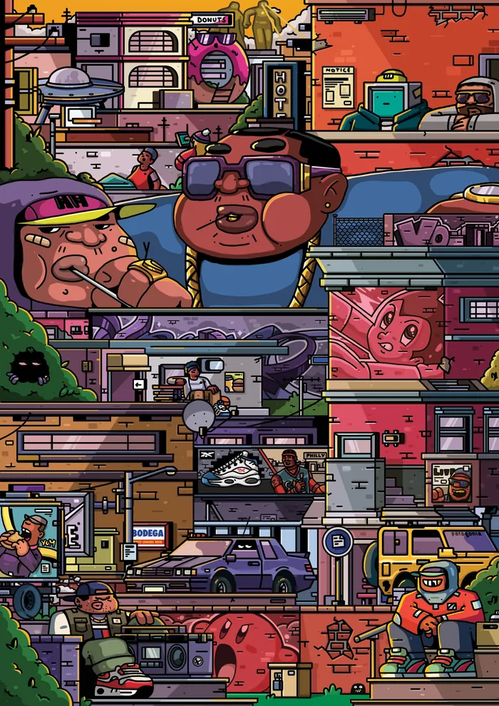 Colorful urban cartoon with characters and sneakers by Mpumelelo Bhengu