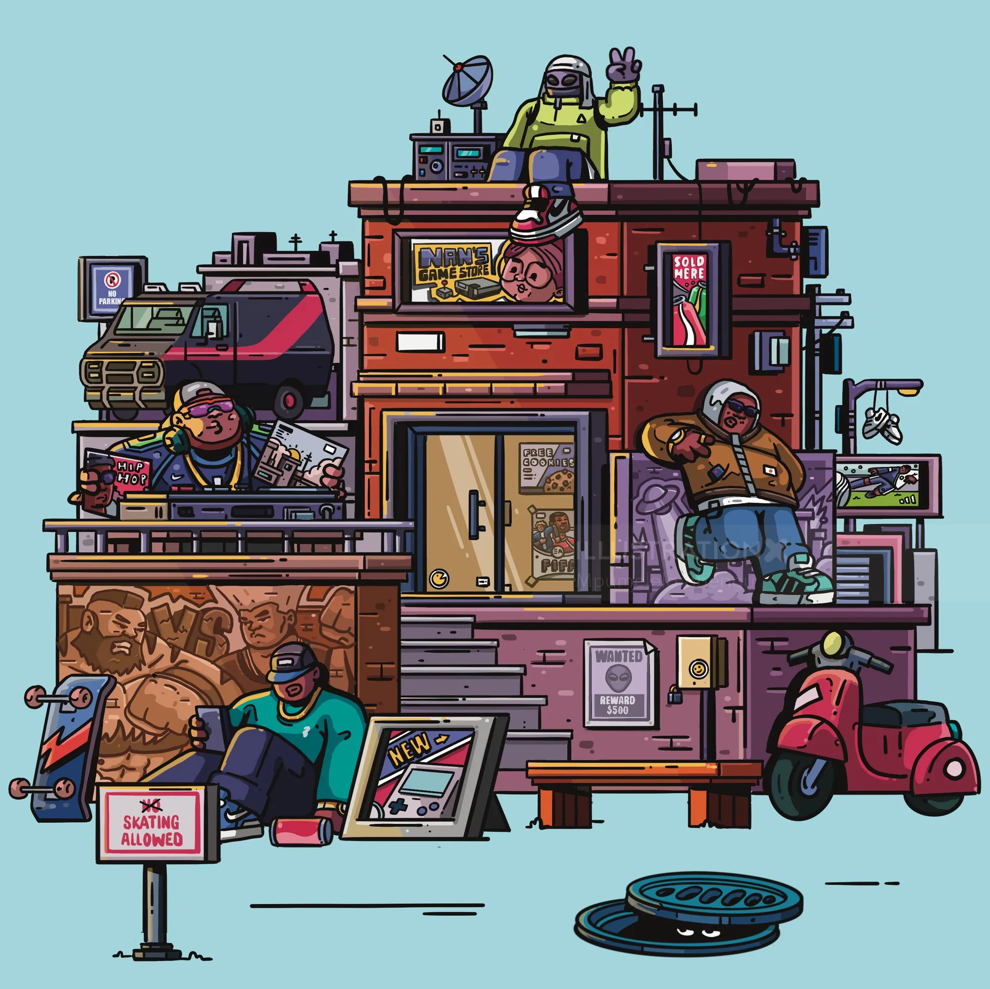 Urban street scene with skateboarders and music equipment by Mpumelelo Bhengu