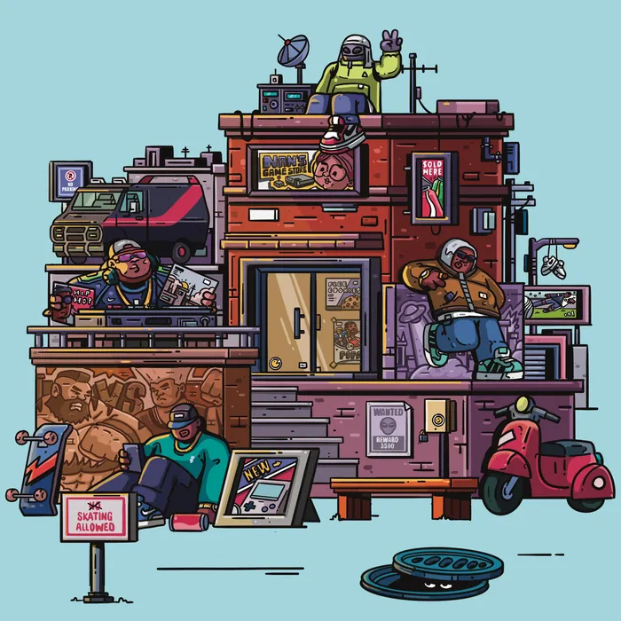 Urban street scene with skateboarders and music equipment by Mpumelelo Bhengu