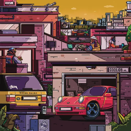 Illustration einer Stadtlandschaft auf Dächern mit rotem Sportwagen und gelbem Range Rover von Mpumelelo Bhengu