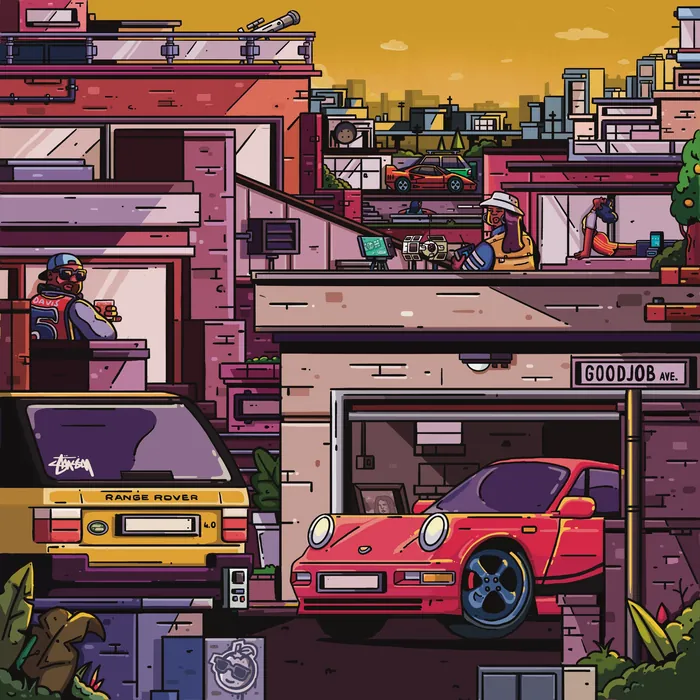 Illustration of rooftop cityscape with red sports car and yellow Range Rover by Mpumelelo Bhengu