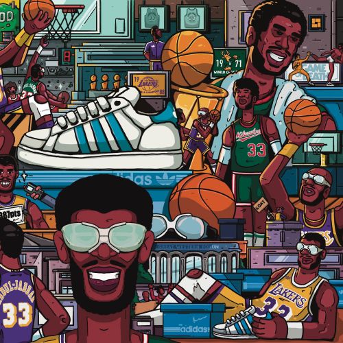 Colorful collage of basketball players and sneakers by Mpumelelo Bhengu
