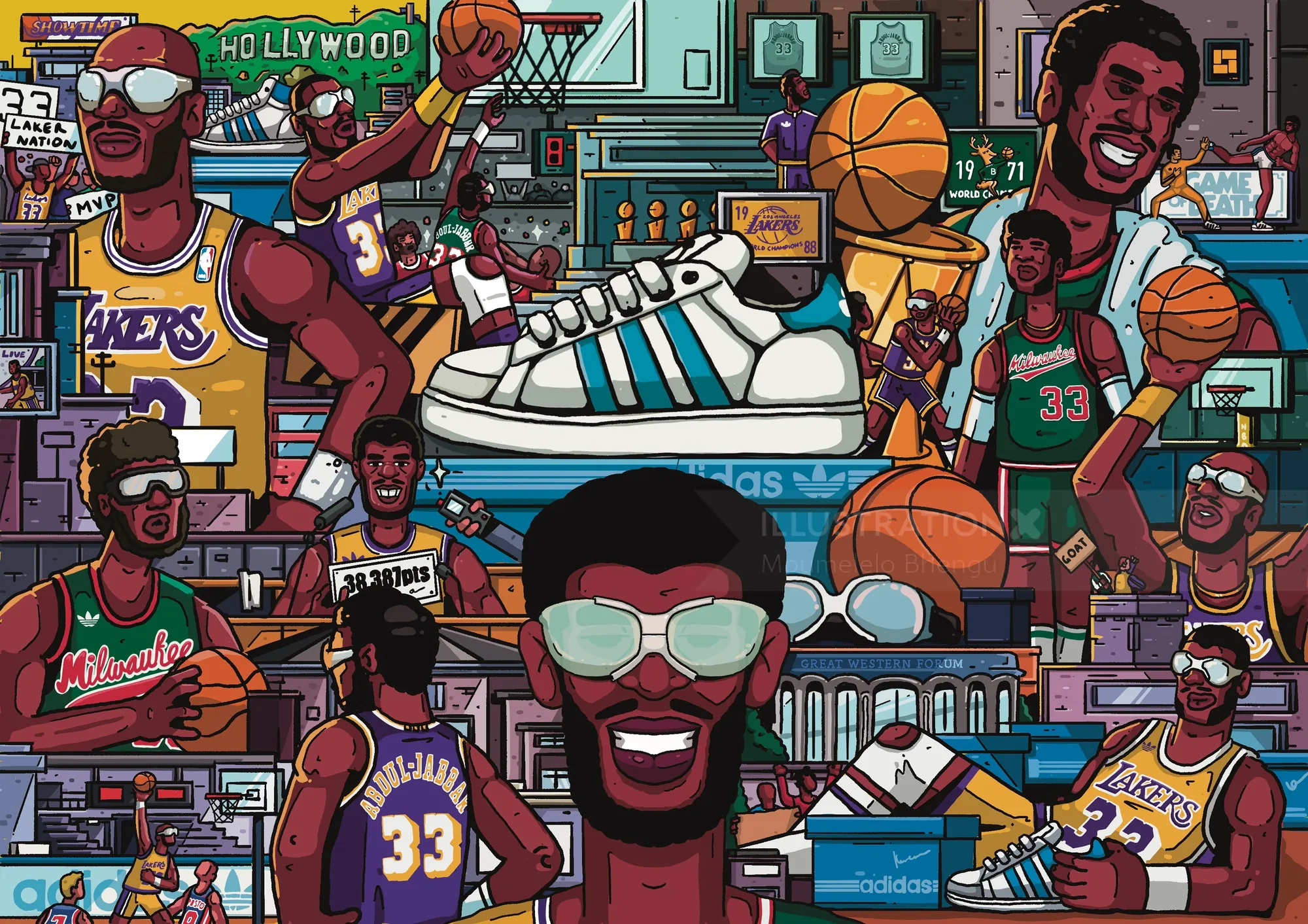 Colorful collage of basketball players and sneakers by Mpumelelo Bhengu
