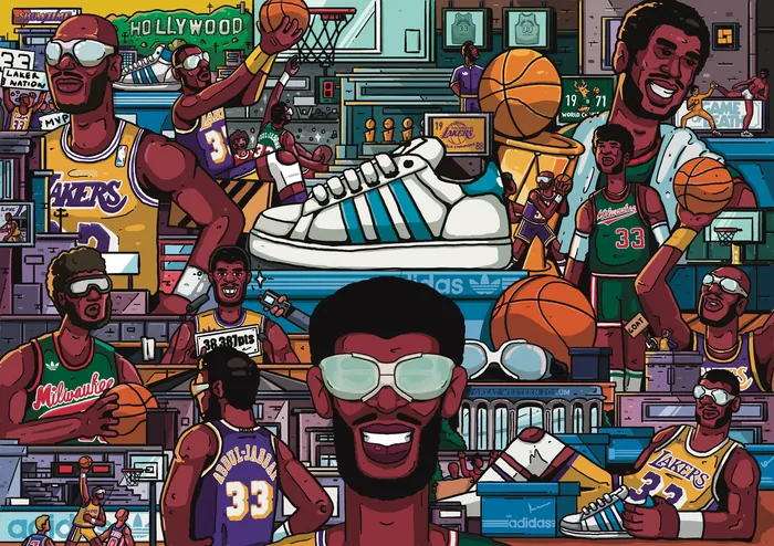 Colorful collage of basketball players and sneakers by Mpumelelo Bhengu