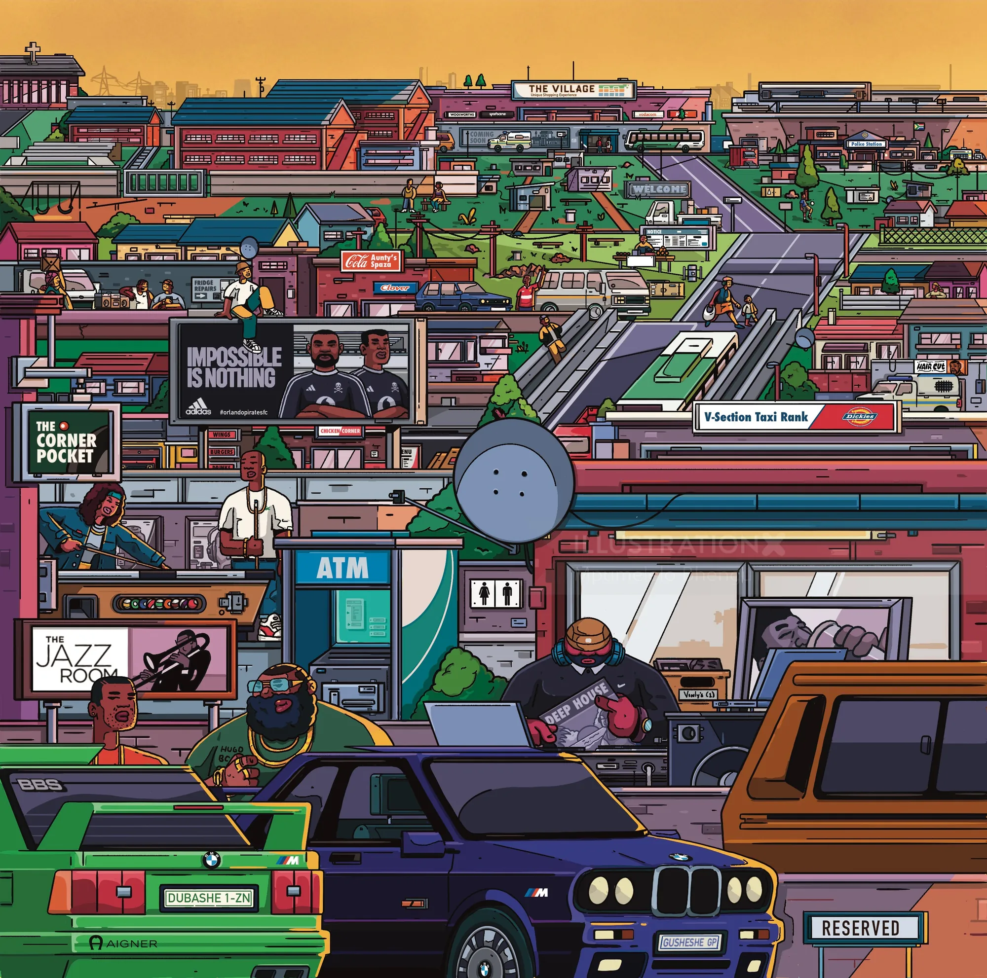 Illustration colorée d'une rue urbaine avec véhicules et bâtiments par Mpumelelo Bhengu