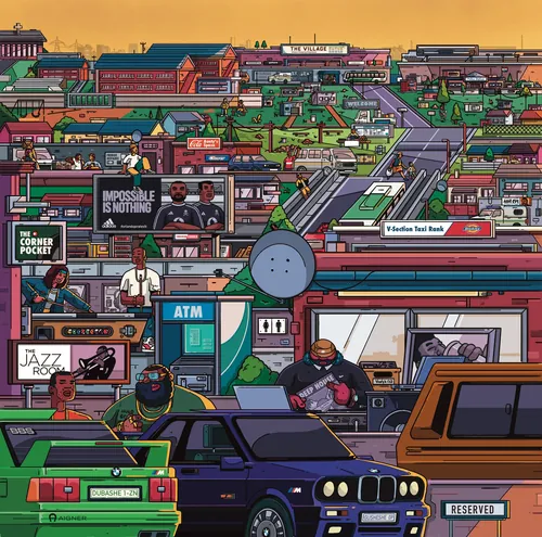 Farbenfrohe Stadtstraße mit Fahrzeugen und Gebäuden, Illustration von Mpumelelo Bhengu
