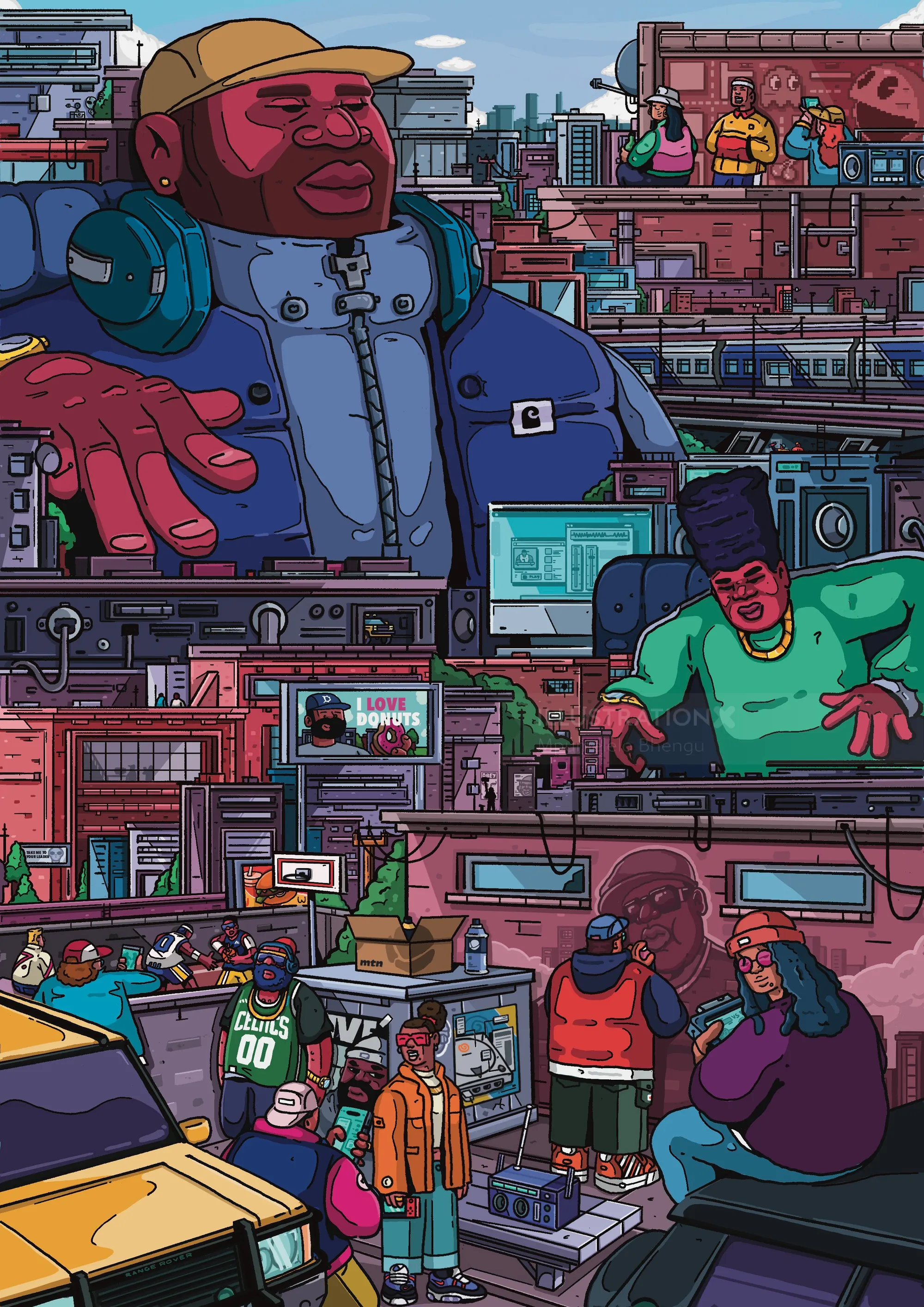 Urban street scene with diverse characters by Mpumelelo Bhengu
