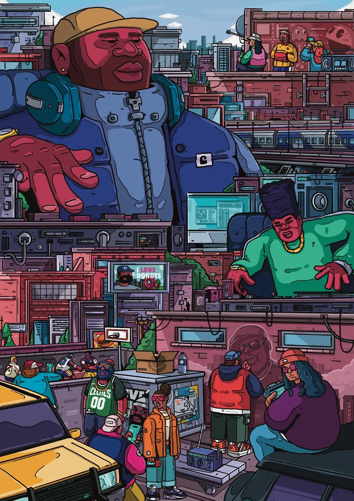 Urban street scene with diverse characters by Mpumelelo Bhengu