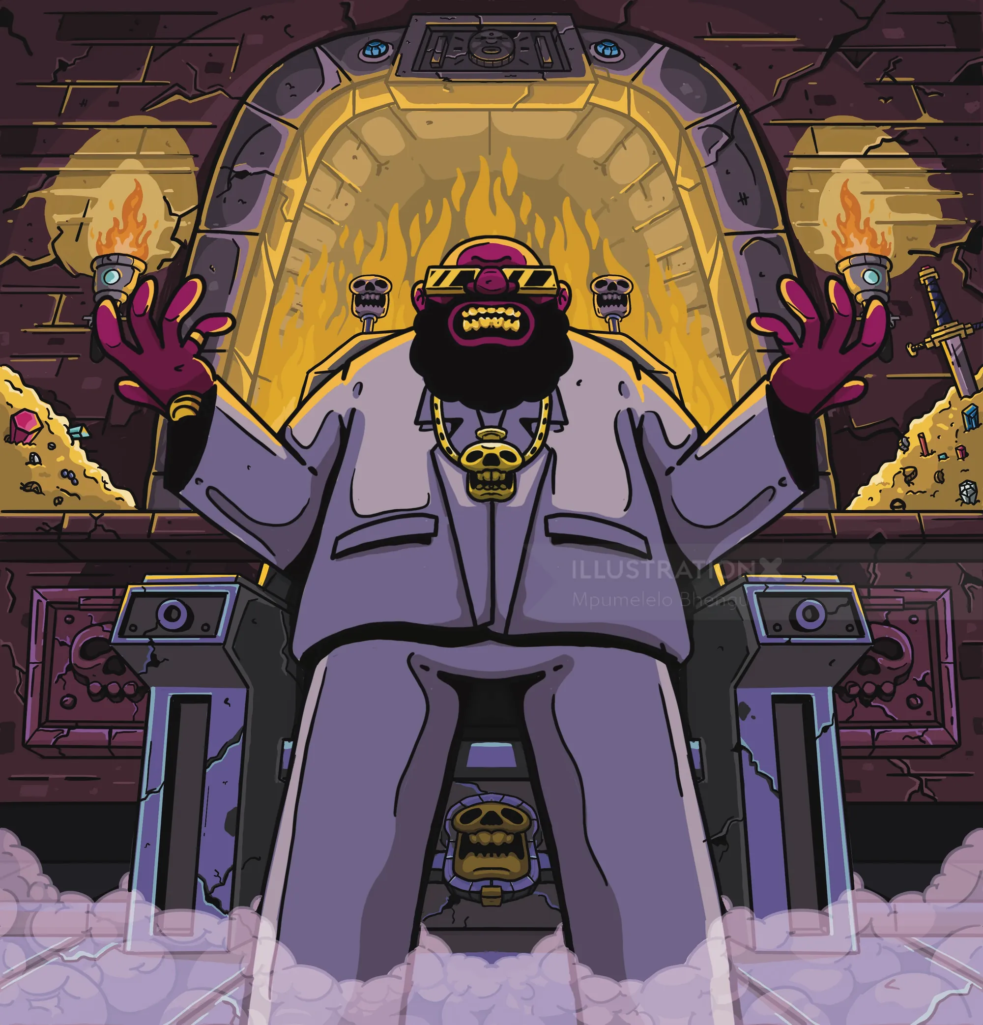 Captain Murphy seated on throne with fiery background by Mpumelelo Bhengu