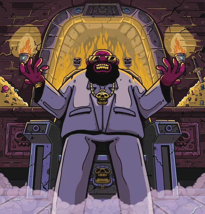 Captain Murphy seated on throne with fiery background by Mpumelelo Bhengu