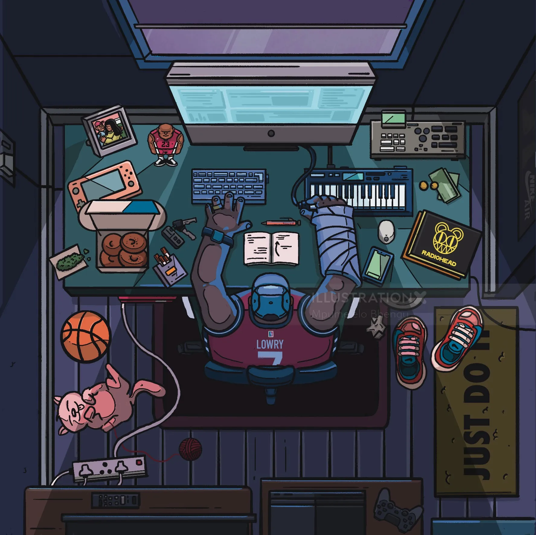 Top-down view of gamer at desk with keyboard, console, and basketball by Mpumelelo Bhengu