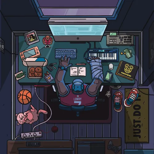 Draufsicht auf einen Gamer am Schreibtisch mit Tastatur, Konsole und Basketball (Foto: Mpumelelo Bhengu)