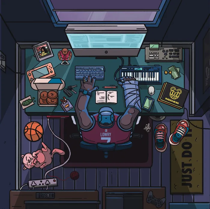 Top-down view of gamer at desk with keyboard, console, and basketball by Mpumelelo Bhengu