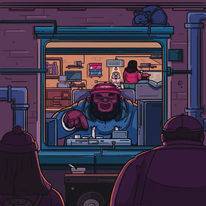 Music studio at night with DJ and woman inside by Mpumelelo Bhengu