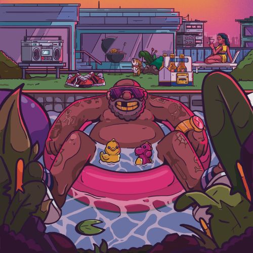 Illustration of man in pool with rubber ducks and rooftop scene by Mpumelelo Bhengu
