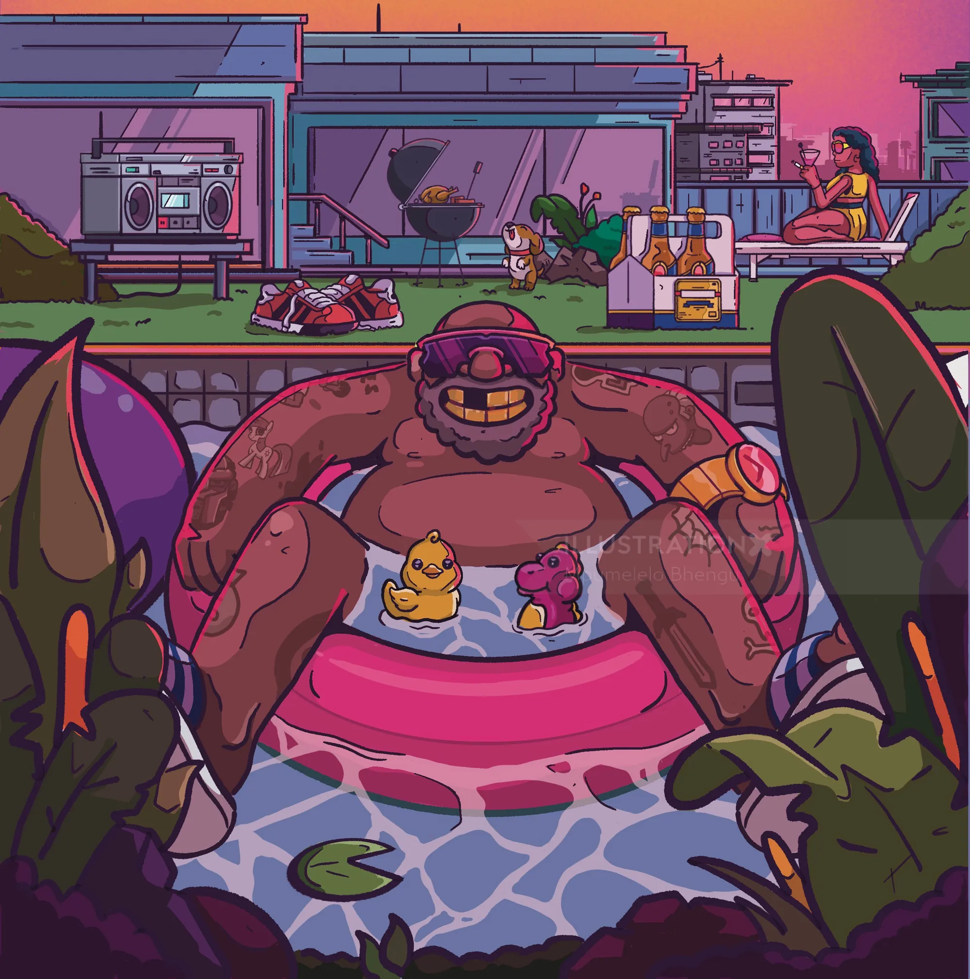 Illustration of man in pool with rubber ducks and rooftop scene by Mpumelelo Bhengu