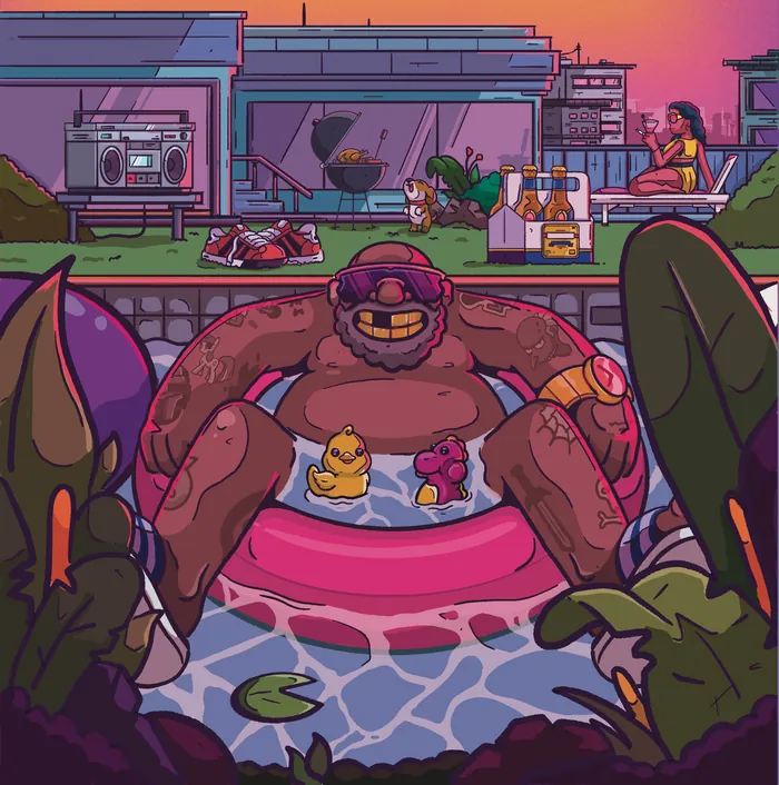 Illustration of man in pool with rubber ducks and rooftop scene by Mpumelelo Bhengu
