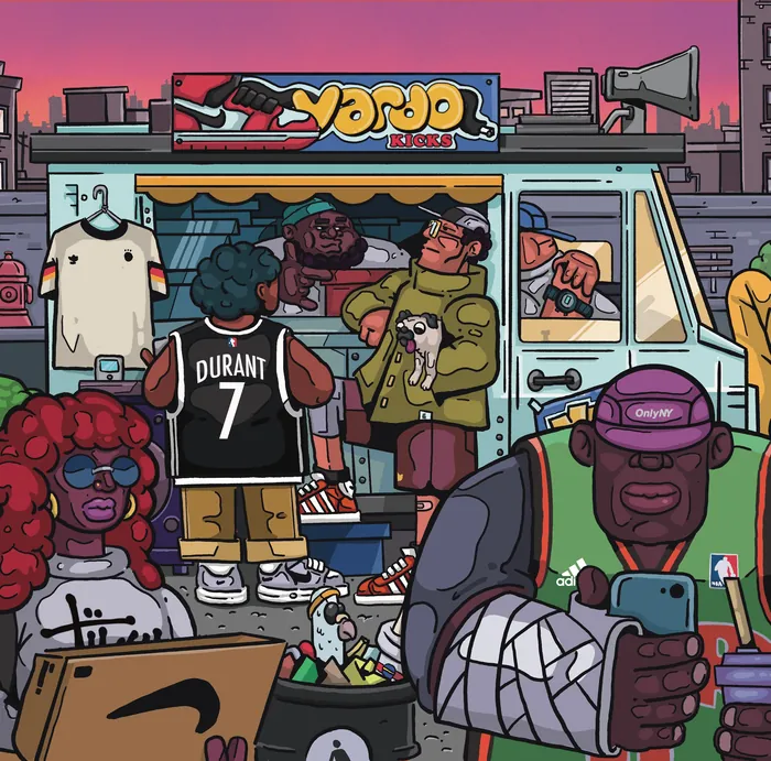 Urban streetwear scene at sneaker van by Mpumelelo Bhengu with diverse characters