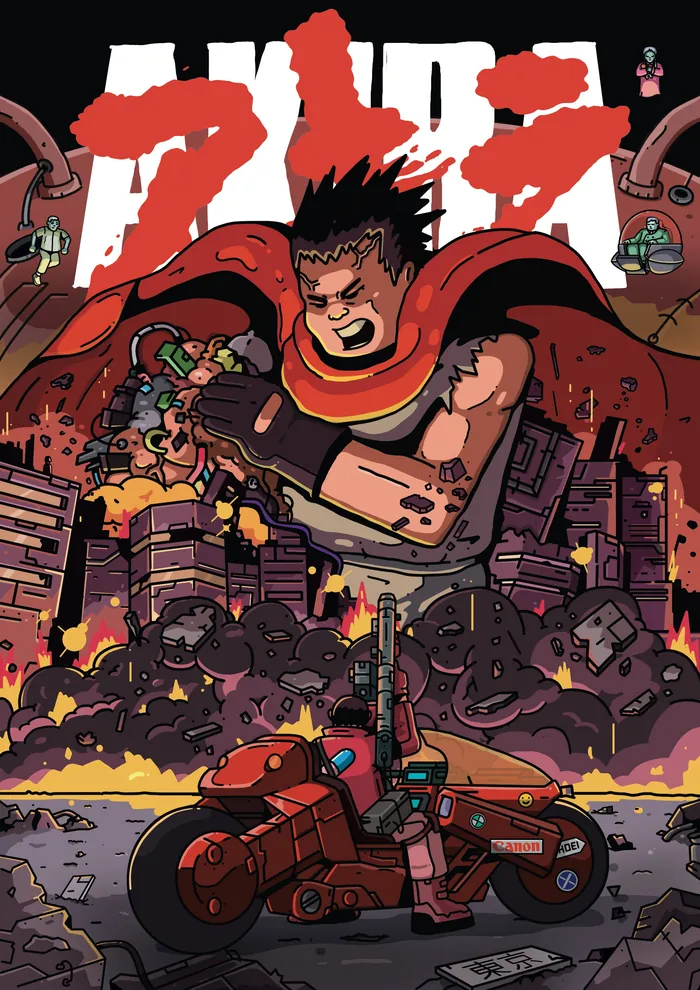 Illustration of Akira on motorcycle in cyberpunk city by Mpumelelo Bhengu