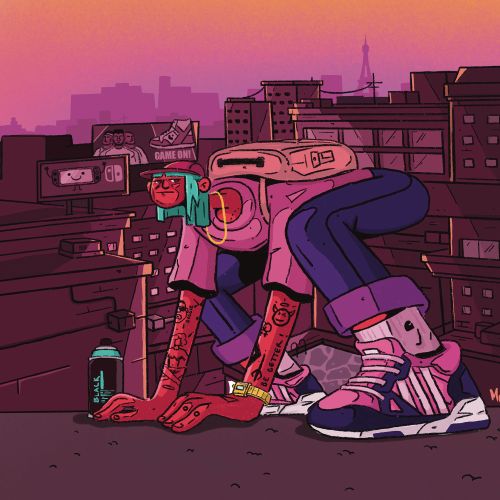 Crouching urban figure with spray mask and sneakers at sunset by Mpumelelo Bhengu