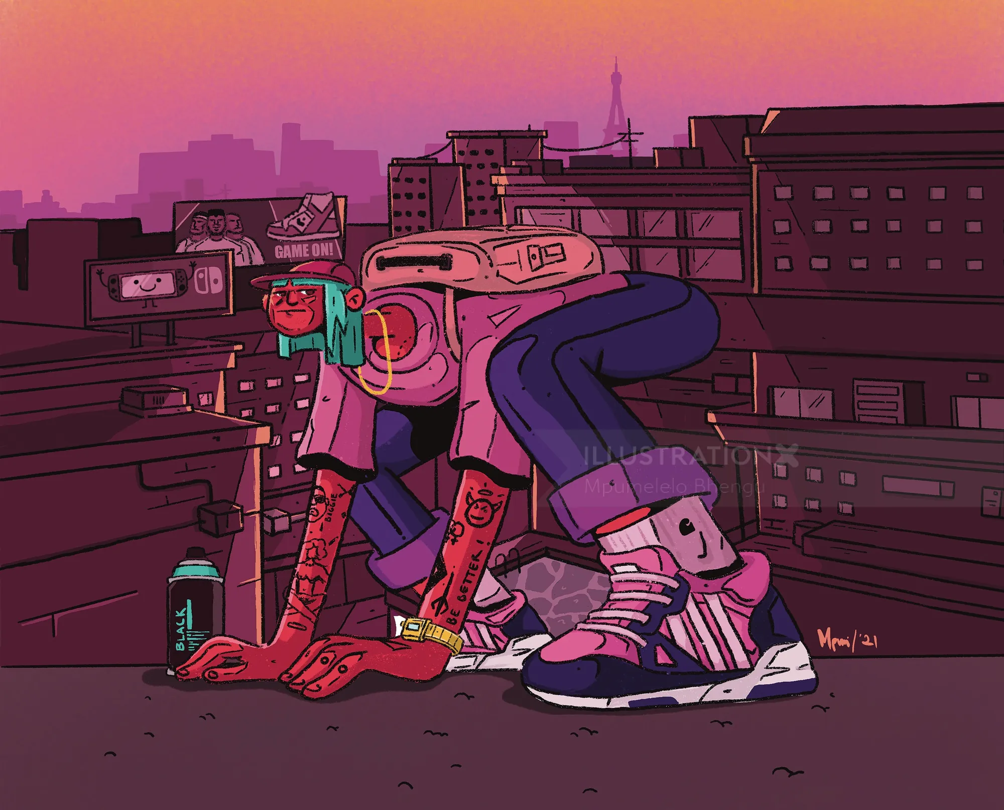 Crouching urban figure with spray mask and sneakers at sunset by Mpumelelo Bhengu