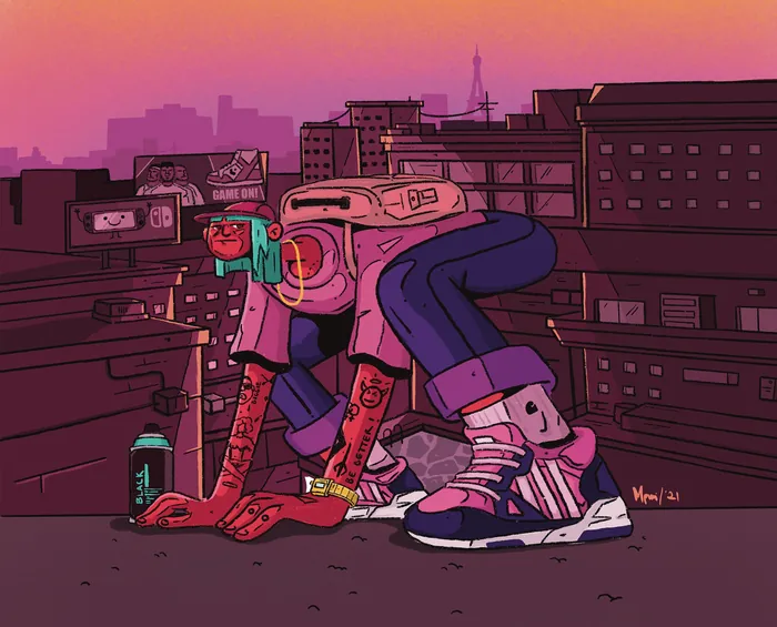 Crouching urban figure with spray mask and sneakers at sunset by Mpumelelo Bhengu