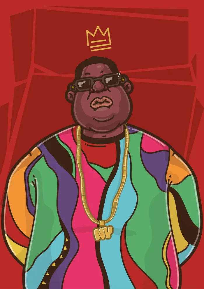 Illustration of The Notorious B.I.G. wearing colorful jacket and gold chain by Mpumelelo Bhengu