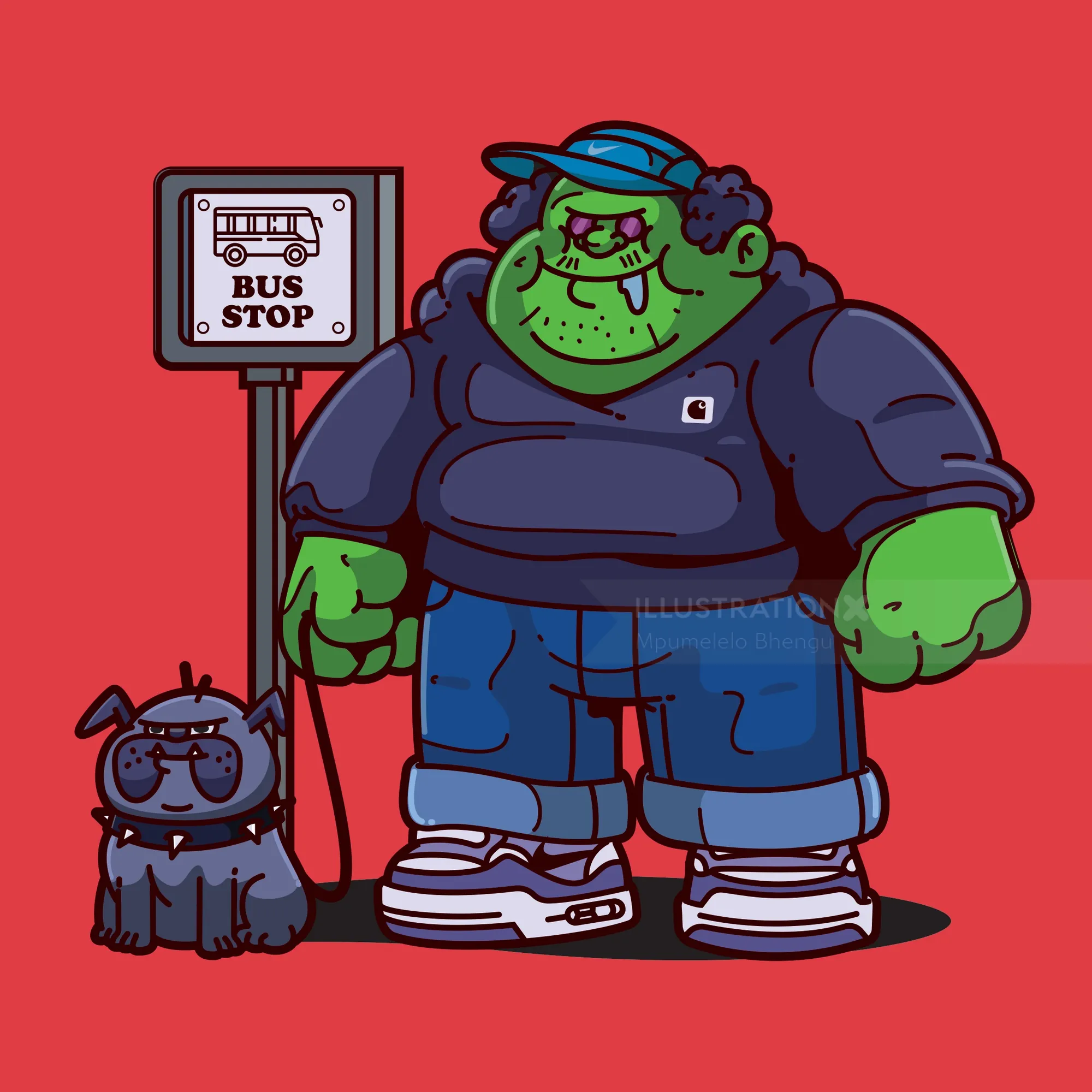 Ilustración de un personaje de dibujos animados de piel verde con un perro pequeño en una parada de autobús por Mpumelelo Bhengu