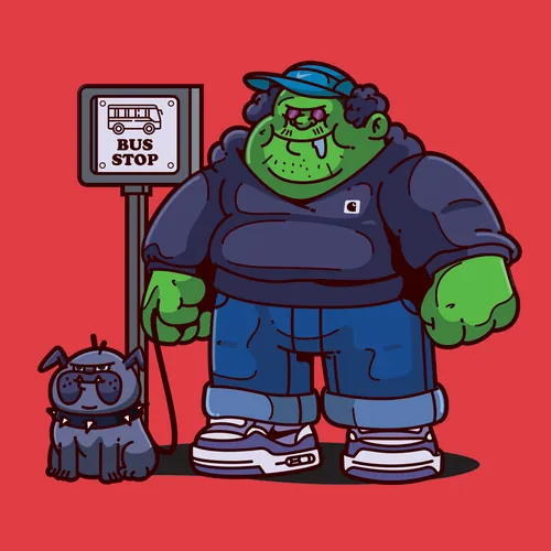 Illustration einer grünhäutigen Comicfigur mit einem kleinen Hund an einer Bushaltestelle von Mpumelelo Bhengu
